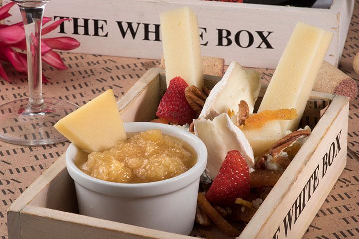 The White Box of assorted cheese and jams served at The White Box Restaurant in The Pyramid at Grand